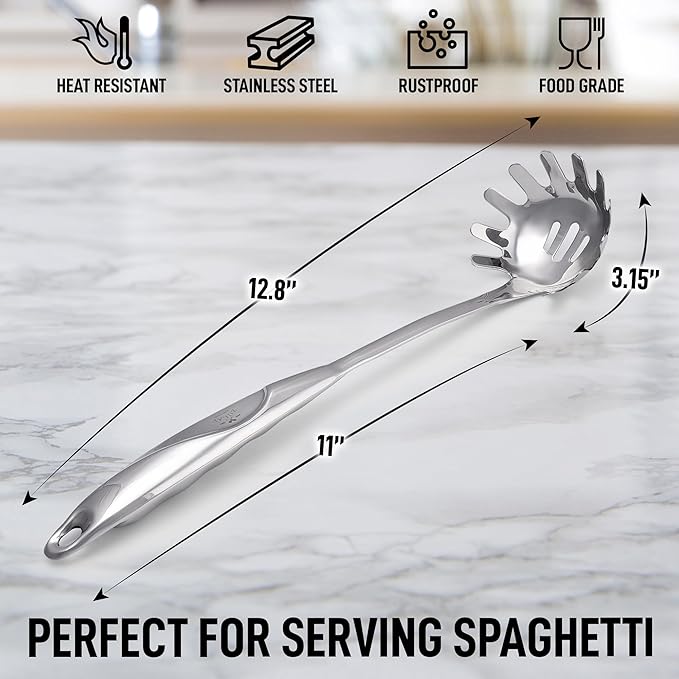 Zulay Kitchen Stainless Steel Pasta Spoon - 12” Spaghetti Server with Teeth & Draining Holes - Rust-Resistant Pasta Fork for Noodles & Pasta - Dishwasher Safe Utensil for Everyday Use