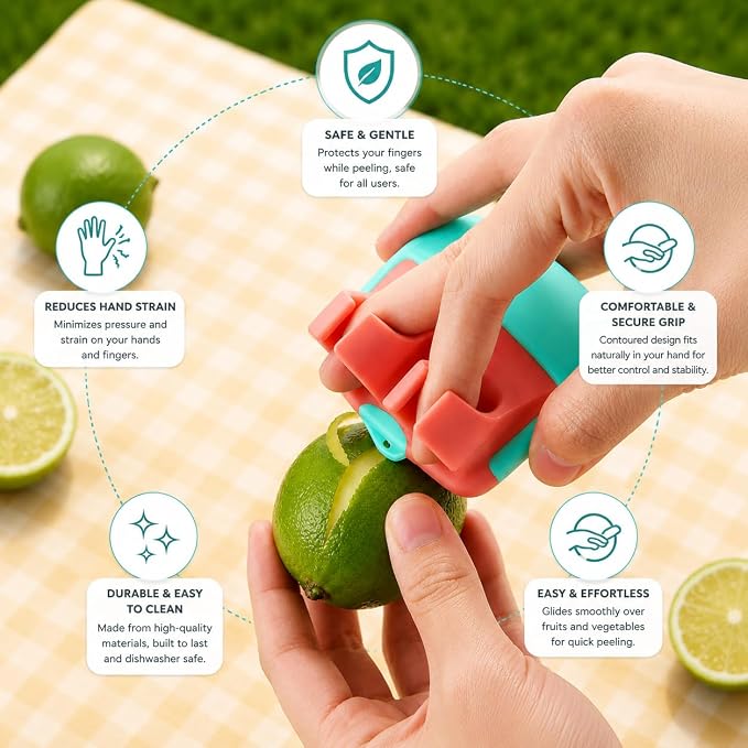 2 Finger Vegetable Peeler Easy Grip Safe Ergonomic Fruit & Potato Peeler for Arthritis Hands, Non Slip Kitchen Gadget for Carrots, Apples & Cucumbers with Stainless Steel Blade (Pink & Turquoise)