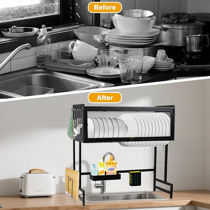Over The Sink Dish Drying Rack - 3 Tier Large Capacity Metal Dish Drainer Over The Counter Dish Rack Kitchen Sink Shelf with Cover for Kitchen Storage & Organization Black