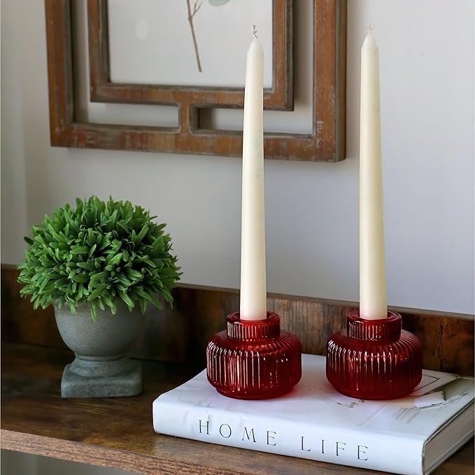 Kate Aspen Red Ribbed Taper Candle Holders for Candlesticks Set of 4 - Christmas Decor, Holiday Candle Holders, Red Candlesticks & Votive Candle Holder for Christmas Table Centerpieces