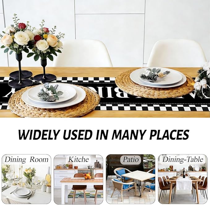 Black Checkered Happy Birthday Table Runner, Black and White Checkerboard Birthday Party Decorations 13x72 Inches Long Table Decor Suppliers for Home Racing Theme Party Decor