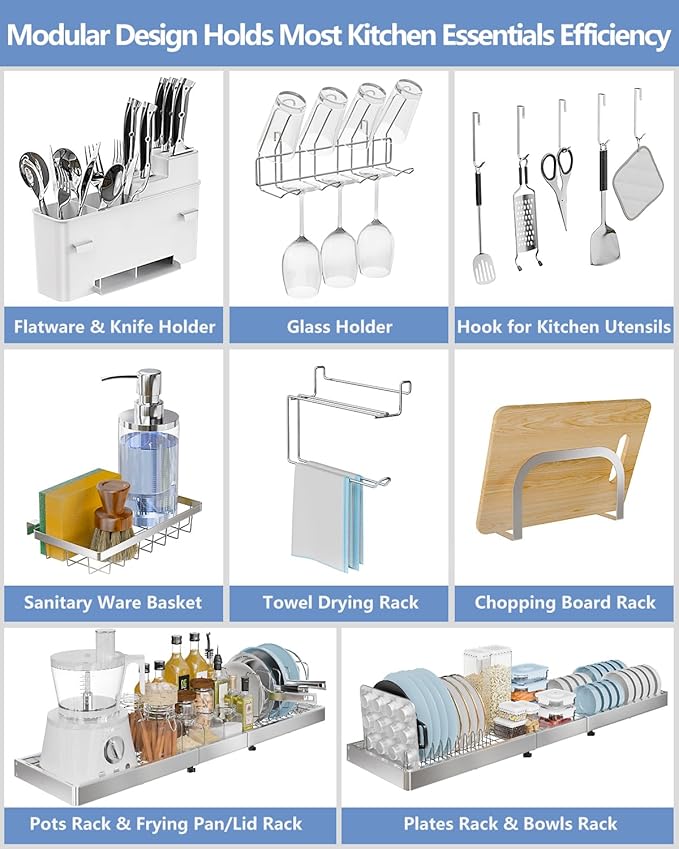 3 Tier Extra Large Over The Sink Dish Drying Rack, Expandable Stainless Steel Dish Drainer with Multifunctional Organizer, Space-Saving Above Sink Dish Rack with Large Capacity for Kitchen Counter
