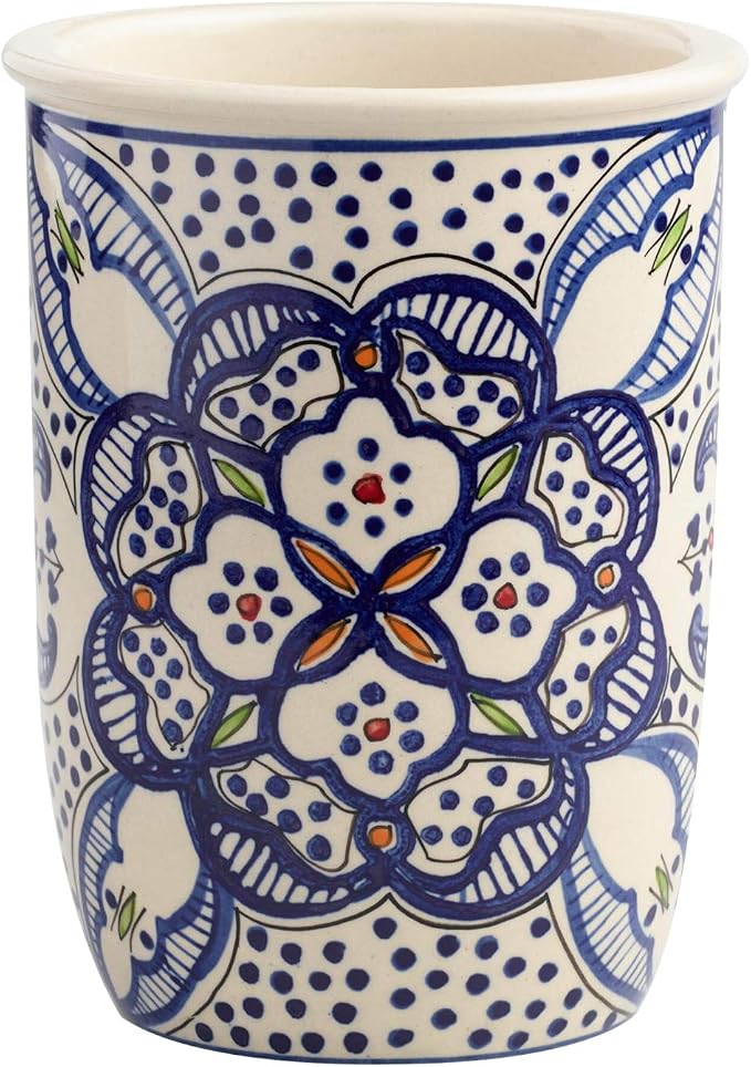 wm Tunis Utensil Caddy - Utensil Crock Utensil Organizer - Ceramic Utensil Holder Large Sturdy Hand Crafted and Painted Blue and white North African Design - Kitchen Cooking Utensil Holders