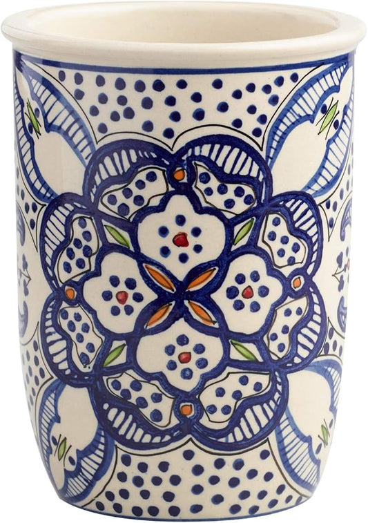 wm Tunis Utensil Caddy - Utensil Crock Utensil Organizer - Ceramic Utensil Holder Large Sturdy Hand Crafted and Painted Blue and white North African Design - Kitchen Cooking Utensil Holders