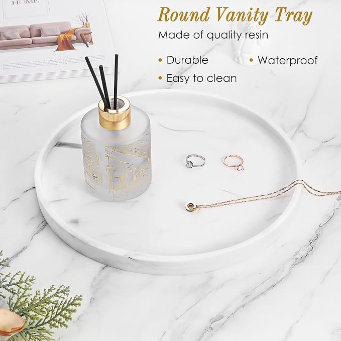 Luxspire Round Vanity Tray, 10.63 Inch Bathroom Vanity Tray Resin Kitchen Tray, Countertop Organizer Tray for Perfume Dresser Jewelry Candle, Coffee Table Decorative Tray, Marble White