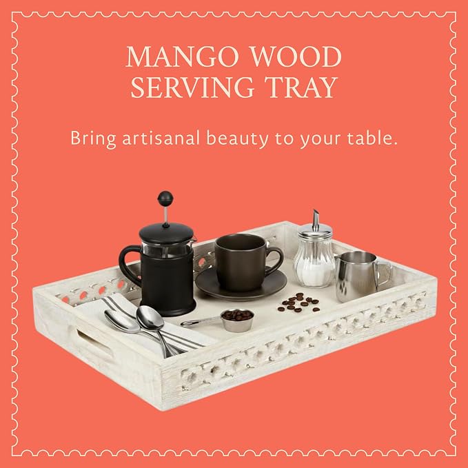 Mela Artisans Trellis Whitewash Mango Wood Serving Tray with Handles – Handcrafted Wooden Tray for Coffee Table, Kitchen Countertop, Snacks & Home Decor – Medium, 16 x 12 x 2.5