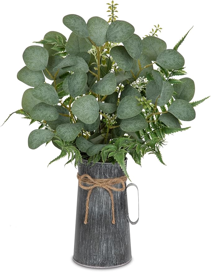 Lifelike Artificial Eucalyptus Plant in Rustic Metal Vase – 17.7" Realistic Faux Greenery for Farmhouse Home Décor, Living Room, Kitchen, Office, Weddings & Table Centerpieces
