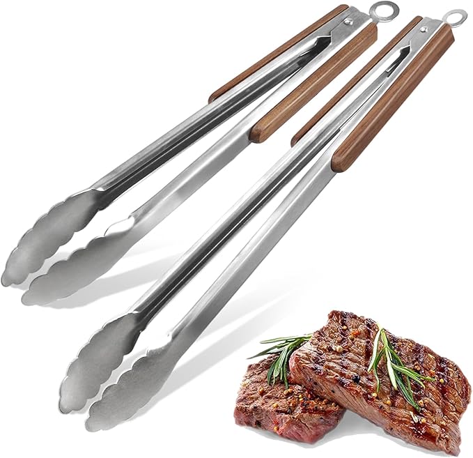 16" & 12" Heavy Duty Stainless Steel Grill Tongs with Locking Mechanism & Heat-Resistant Wooden Handle - 2-Pack BBQ Tongs for Grilling, Barbecue, Kitchen Cooking Accessories