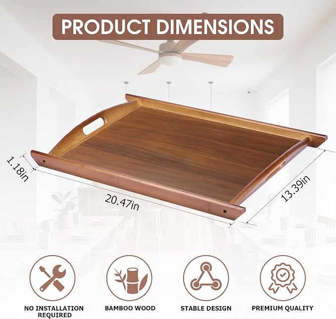 Wood Serving Tray, Wooden Tray with Handles, 20.47 inch Square Decorative Serving Trays Platters for Home, Party, Coffee Table,Dining Table & Countertop