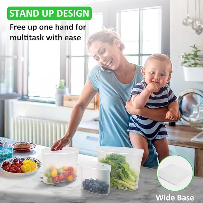 100% Platinum Silicone Reusable Storage Bags, 12 Pack, Premium Silicone Food Storage Bag Stand-Up Wide-Mouth Zip-Lock, Freezer Microwave Oven Dishwasher Safe, 4 M + 4 S + 4 XS, Crystal-Clear