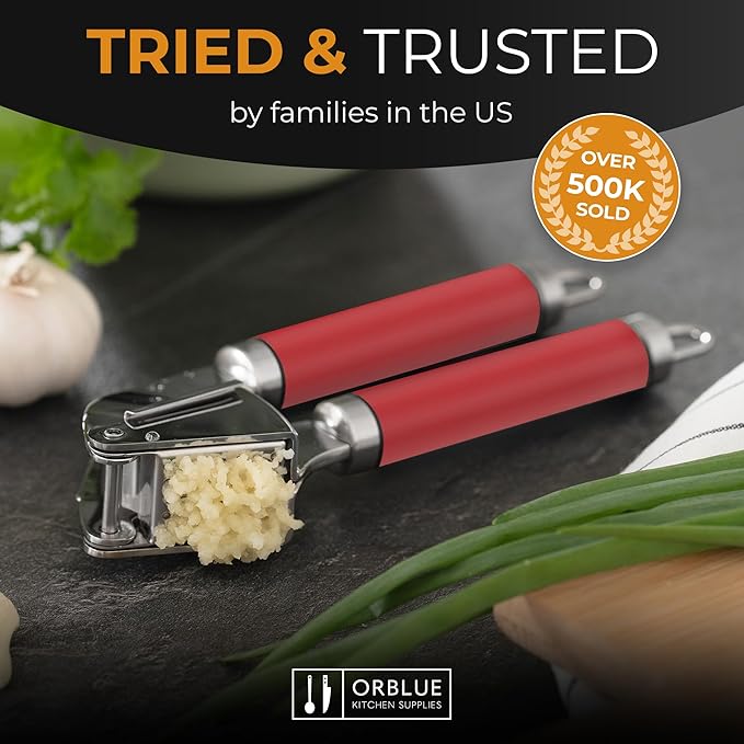 ORBLUE Garlic Press and Peeler Set, Stainless Steel - Professional Grade Mincer, Crusher - Dishwasher Safe & Rust-proof, Red