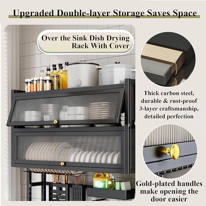 Over The Sink Dish Drying Rack Space-Saving 3 Tier with Cover Dish Rack with Dustproof Cover and Knife Holder Large Capacity Kitchen Organizer for Plates, Bowls, and Pots(Black,75cm)