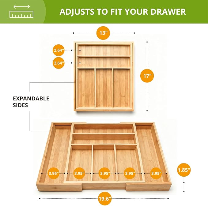 Premium Bamboo Kitchen Drawer Organizer, Perfect for Storing Cutlery, Silverware, and Gadgets, Suitable for Kitchens, Living Rooms, and Bedrooms, 5-7 Compartments, 13 to 19.6 Inches Wide