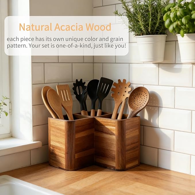 Large Kitchen Utensils Holder with 3 Compartments,Corner Utensil Caddy for Countertop,Acacia Wooden Utensil Organizer for Kitchen Countertop, Farmhouse Decor