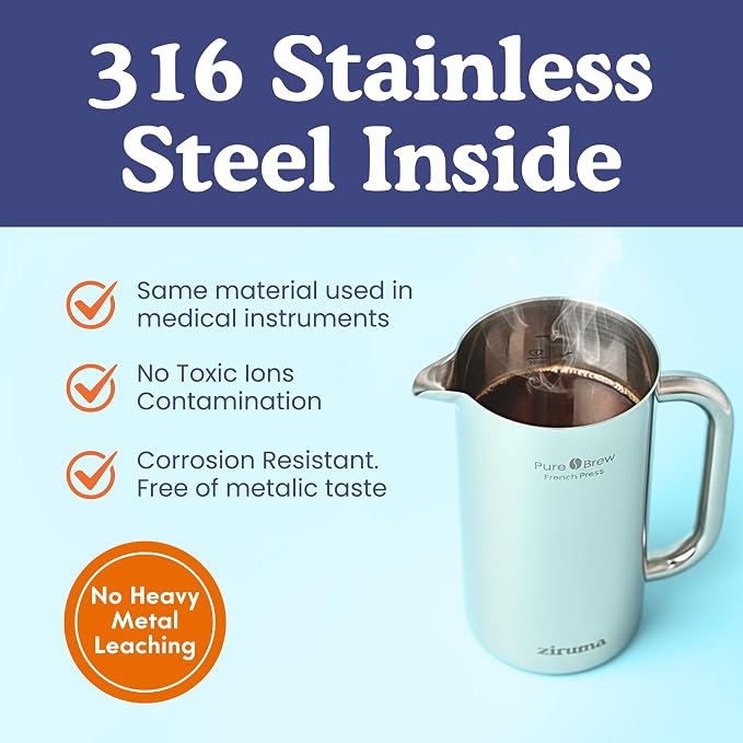 Ziruma Non-Toxic Stainless Steel French Press, No Plastic or Heavy Metals, 34 oz (Pack of 2)