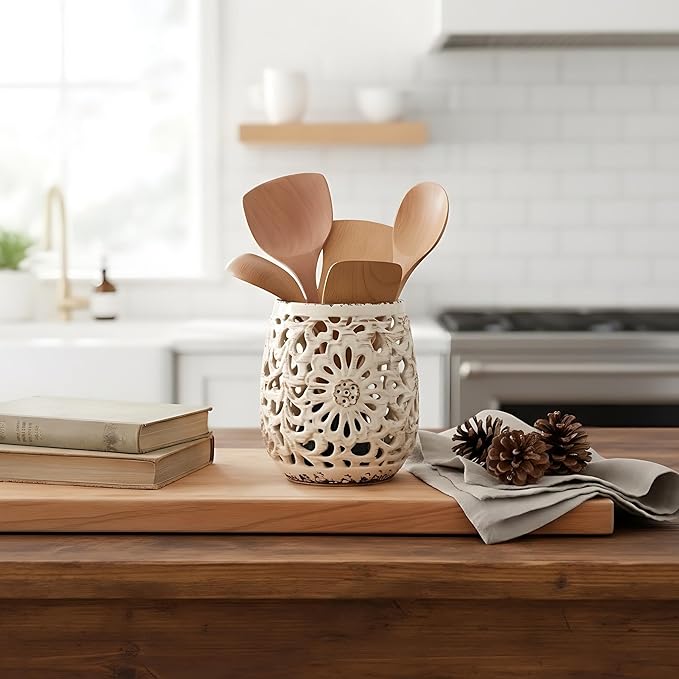 Farmhouse Kitchen Utensil Holder for Kitchen Counter, Ceramic Large Cooking Utensil Crock with Cork Mat, Countertop Cooking Tool Spatula Organizer, Beige Antique Design