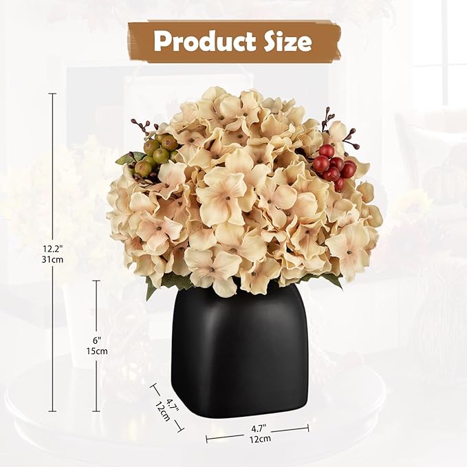 Briful Hydrangea Artificial Flowers in Ceramic Black Vase, Beige Silk Hydrangea Centerpieces for Tables, Realistic Dining Table Vase with Flowers for Farmhouse Home Decor Indoor