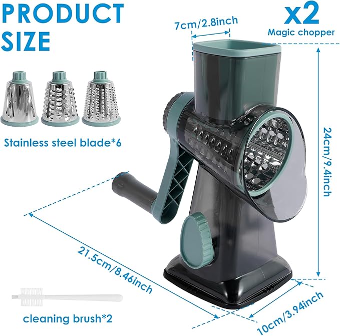 2-Pack Rotary Cheese Grater with Handle, Stainless Steel Blades, Hand Crank Vegetable Chopper for Nuts/Cabbage/Garlic, Easy Clean & Space Saving, Ideal Kitchen Gadget Gift