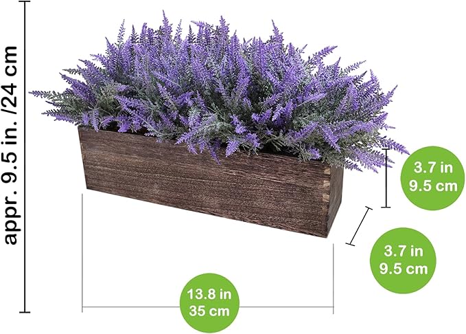 Winlyn 14" Artificial Lavender Flowers Plants in Rectangular Wooden Planter Box Faux Frosted Lavender Potted Arrangements Floral Centerpiece for Farmhouse Home Wedding Table Centerpiece Mantel Décor