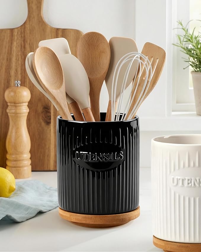 360° Rotating Utensil Holder, 7.6" Large Ceramic Kitchen Utensil Holder for Countertop with Rotatable Bamboo Base, Stable Cooking Utensil Crock, Farmhouse kitchen Decor, Black