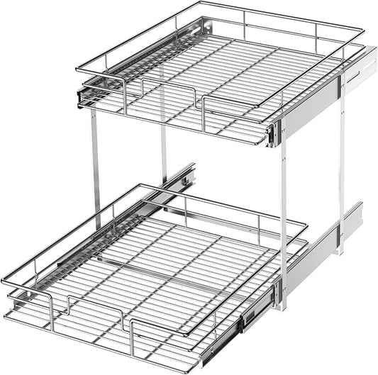LOVMOR 2 Tier Individual Pull Out Cabinet Organizer 14" W x 18" D, Slide Out Kitchen Cabinet Storage Sliding Shelves