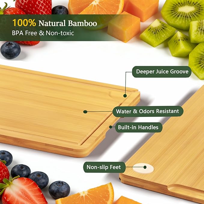 Cutting Boards for Kitchen,Bamboo Cutting Board Set of 2, Large and X-Large Carbonized Chopping Boards with Deep Juice Grooves and Handles for Meat, Bread, Dough Kneading and Cheese