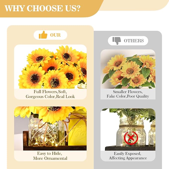 BLEUM CADE Centerpiece Table Decorations - Mason Jar Lights Centerpiece for Kitchen Dining Table Farmhouse Coffee Table Wedding Home Decor with 3 Jars Sunflowers Artificial Flowers & Wood Tray