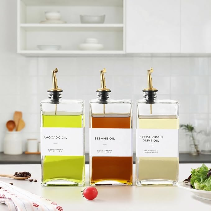Olive Oil Dispenser Bottle for Kitchen, 3 Pack Glass Oil and Vinegar Dispenser Set, Elegant Design, Durable, Leak-Proof, Easy-Pour Spouts, Perfect for Kitchen, Dining Table, 17oz Golden