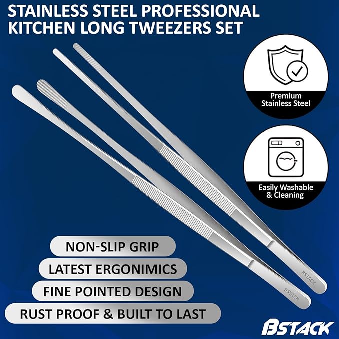 Brand Stack Kitchen Tweezers 14” Japanese Stainless-Steel Cooking Tong Tweezers Set of 2 with Precision Serrated Tip Premium Long Tweezers for Kitchen Serving Food Chef & Pasta Cooking tweezers.