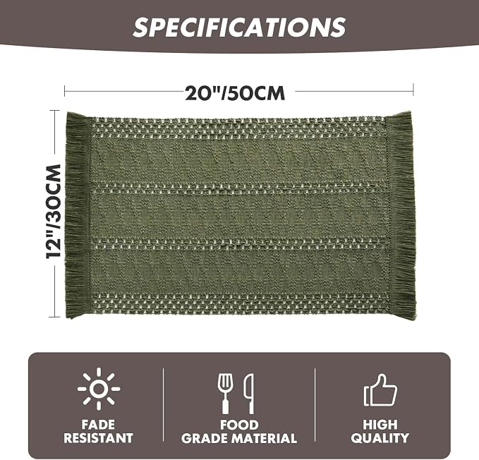 ZeeMart Macrame Style Boho Placemats Set of 6, Olive 12x20 Inch | Decorative Farmhouse Table Mats, Natural Cotton Woven Place Mats, Bohemian Home Decor for Kitchen Dining Table