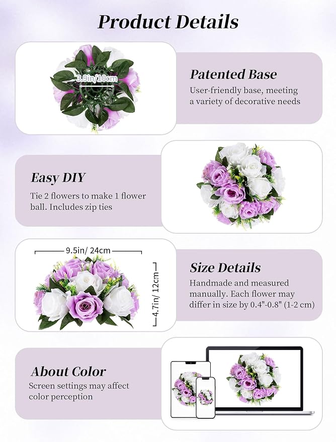 BLOSMON Lilac Flowers Balls for Centerpieces: 10 Pcs Purple White Fake Roses Flower for Wedding Table - Artificial Silk Kissing Bouquet Floral Arrangement Center for Home Party Event Decor | Purple White artificial Floral Arrangement for Wedding - Faux...