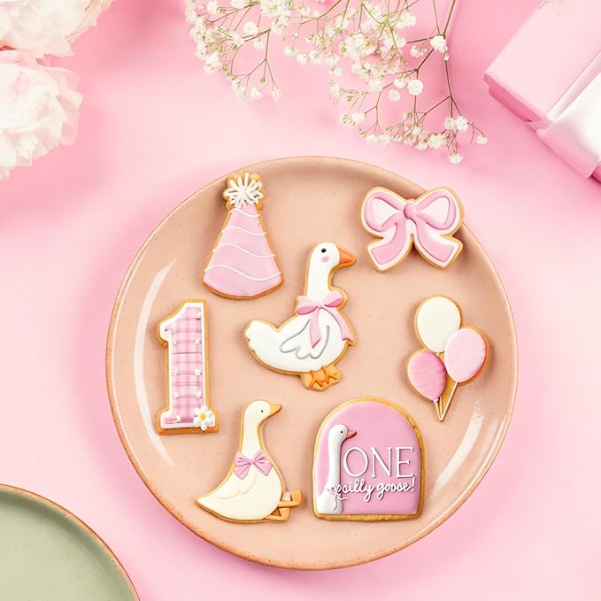 JarThenaAMCS 7Pcs One Silly Goose Baby Shower Cookie Cutters Set Biscuit Cutter Cute Goose Bow Birthday Hat Stainless Steel Cookie Cutting Molds for First Birthday Supplies