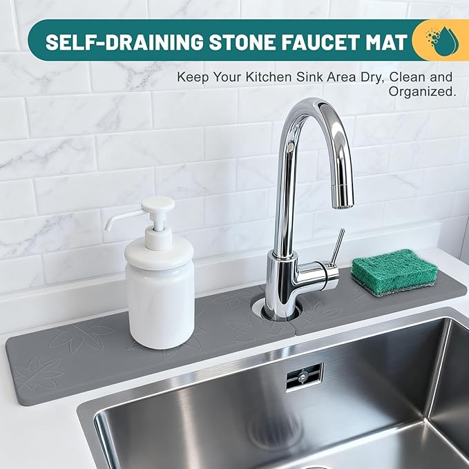Hopegiver Stone Faucet Mat for Kitchen Sink - Fast Drying Diatomite Sink Protector Prevent Moisture, Super Water Absorbing Stone Tray for Kitchen & Bathroom Counter (Gray Maple Leaf, 23.6"x3.9")
