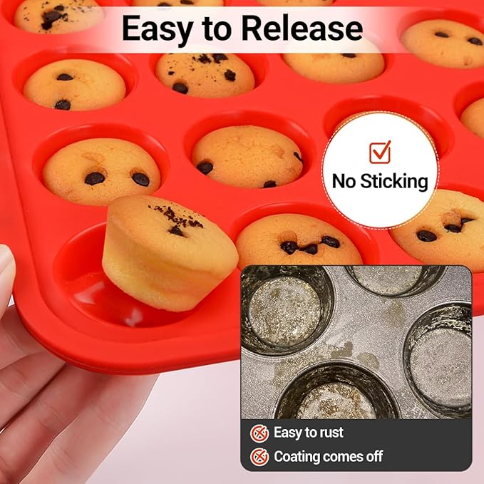 CAKETIME Silicone Muffin Pans for Baking, Metal Reinforced Frame Regular 12 Cups & Mini 24 Cups Cupcake Pan Set Nonstick Muffin Pan for Homemade Baking Easy to Handle