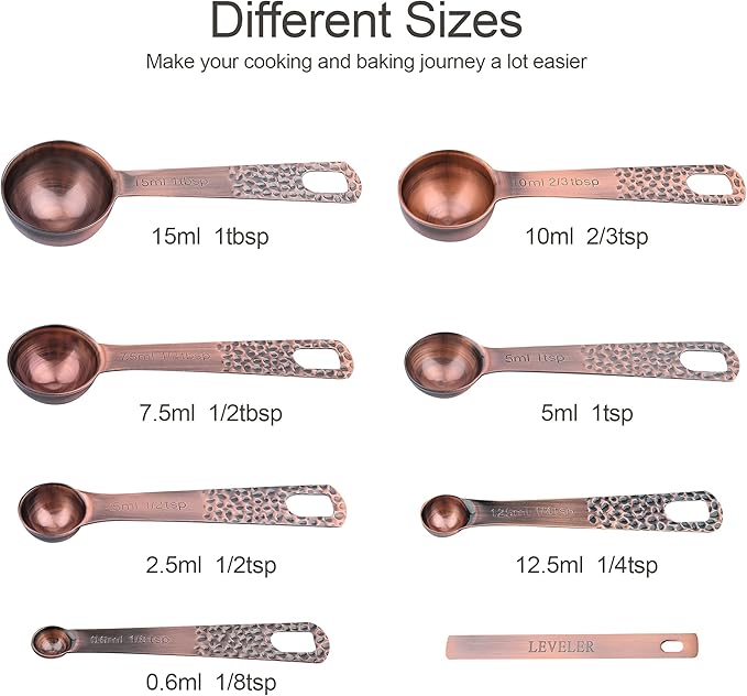 Measuring Spoons Set 7, Copper Plated Measuring Spoons Set for Baking & Kitchen, Metric &US Stainless Steel Measure Tools with Leveler for Dry & Liquid