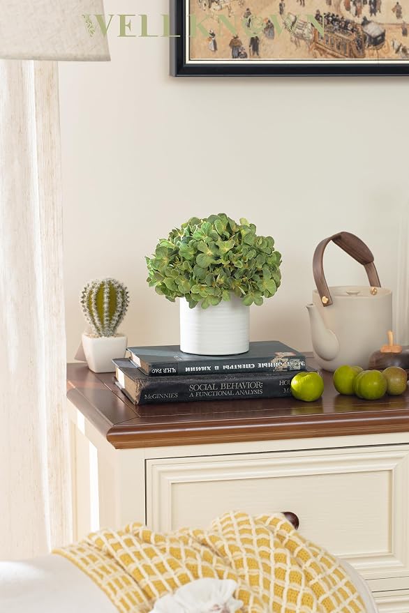 Hydrangea Fake Flowers in Vase, Artificial Flowers with Ceramic Vase Small Faux Potted Plant Arrangements for Bathroom Home Desk Kitchen Counter Vanity Shelf Coffee Table Centerpiece Decor (Green)