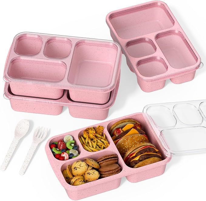 Bento Box 4-Pack 5-Compartment Meal Prep Containers, BPA-Free Plastic, Stackable Food Storage Lunch Boxes for Adults and Kids, School Work Travel (Pink)