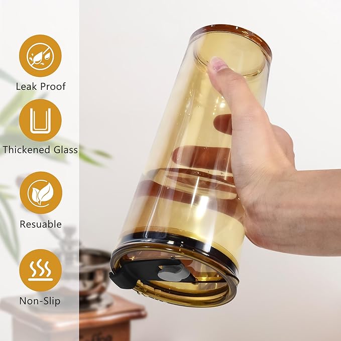 24oz Drinking Glasses Cups Set of 2 Leak Proof Iced Coffee Glass Tumbler with Lid Straw Glassware for Juice Coffee Smoothie Boba Tea(Gray & Amber)
