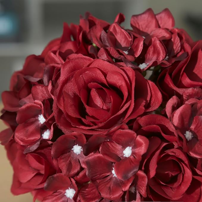 Rose Silk Flower Arrangement Artificial Vivid Rose in Glass Vase with LED Light Elegant Centerpiece for Home Wedding Bathroom Table Shelf Decoration (Dark Red)
