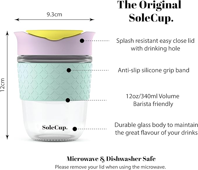 Reusable Strengthened Glass Travel Cup - Spill Proof Coffee Mug - 12oz/340ml BPA-Free Hot Drink Travel Mug with Lid & Silicone Band (Ice Cream, 12oz)