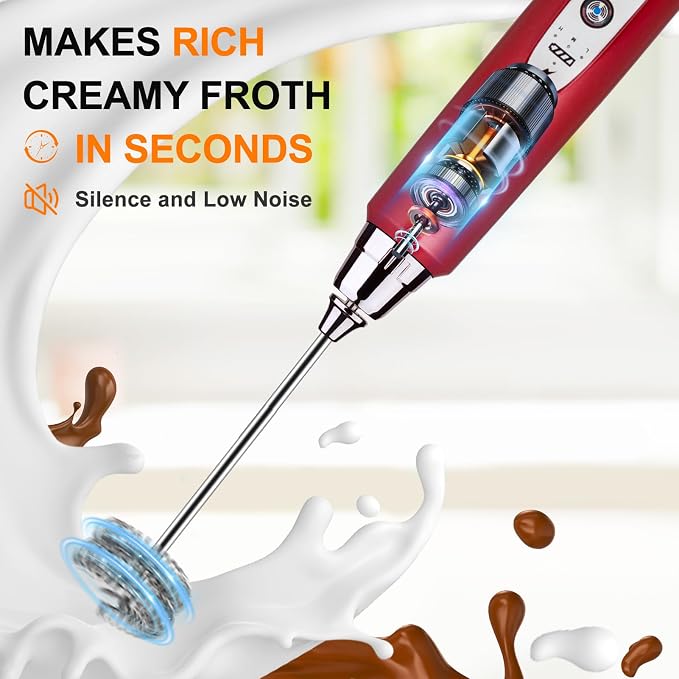 YUSWKO Red Rechargeable Milk Frother for Coffee with Stand, Handheld Drink Mixer with 3 Heads 3 Speeds Electric Stirrers for Latte, Cappuccino, Hot Chocolate, Egg