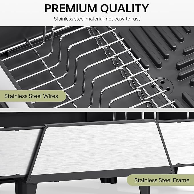 Urackify Large Dish Drying Rack - Triple Expandable Dish Rack for Kitchen Counter, Stainless Steel Sink Organization and Storage Essentials with Utensil & Pans Holder for Home and Appartment, Black