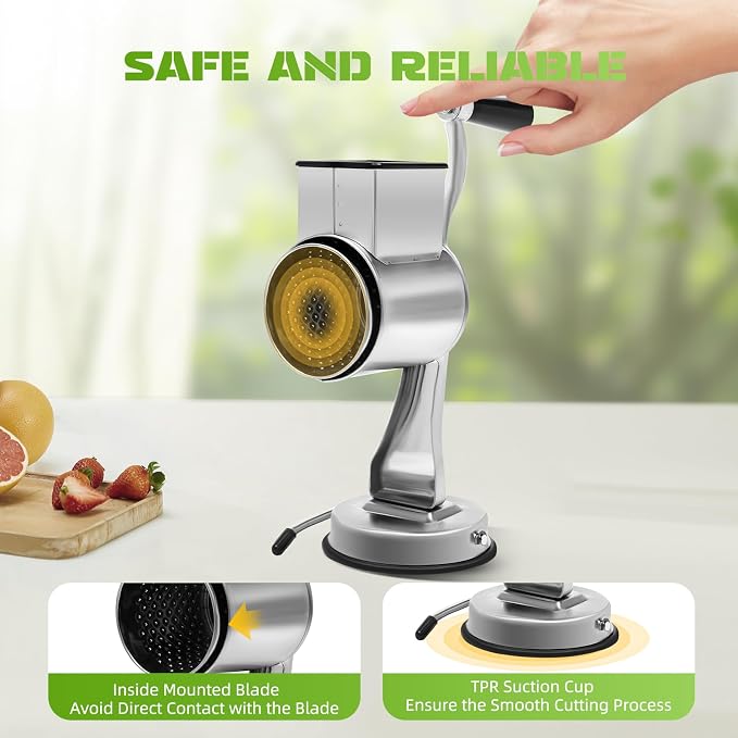 Rotary Vegetable and Fruit Cutter, Cheese Grater Hand Drum Slicer, Stainless Steel Multi-Functional Vegetable Cutting Drum with Suction Cup, Interchangeable Blade for Commercial or Home Use