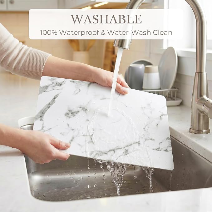 Romanstile Vinyl Placemats Set of 4-12 X 17 Inch - Faux Leather 100% Waterproof Wipeable Anti Slip Place Mats, Heat Resistant Reversible PU Table Mats for Kitchen Dining Party Outdoor, Marble