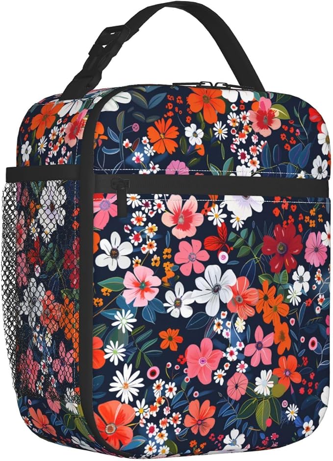 Reusable Floral Lunch Box for Kids Girls Boys Women Adult, Insulated Cute Flower Lunch Bag,Polyester Cooler Handbags Case for School Picnic Work Travel Beach or Hiking (Navy Blue)