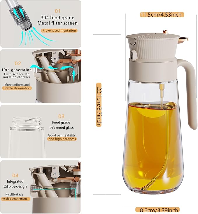 2026 New 19.6oz/580ml Olive Oil Sprayer for Cooking, Leak Glass Olive Oil Dispenser Bottle, 2 in 1 Oil Dispenser and Oil Sprayer, Switch Between Mist & Precision Pour for Air Fryer, BBQ, Salad,Baking