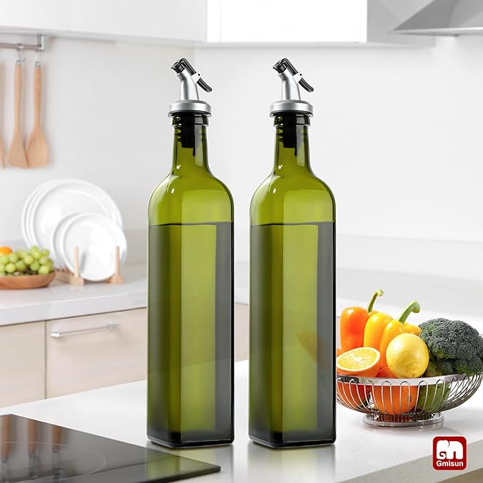 GMISUN Olive Oil Dispenser Bottle 1 Pack, Olive Oil Dispenser for Kitchen 17oz, Glass Cooking Soy Sauce Bottle Container Cruet with Plastic Pourer Spout, Green