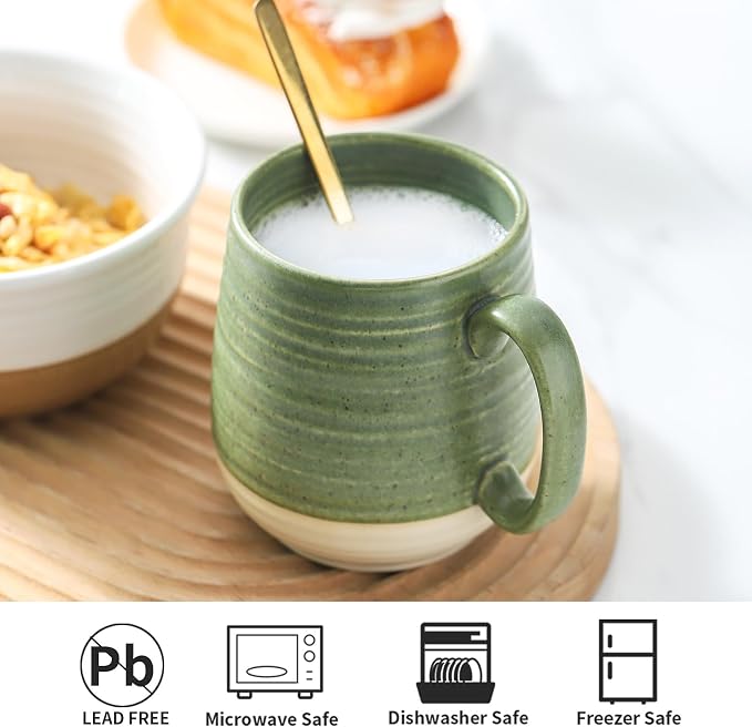 HASENSE 20 oz Coffee Mug, Large Green and Beige Stoneware Cup, Oversized Ceramic Tea Mug with Ergonomic Handle, Microwave and Dishwasher Safe, Perfect for Coffee, Tea, Soup, Hot Cocoa