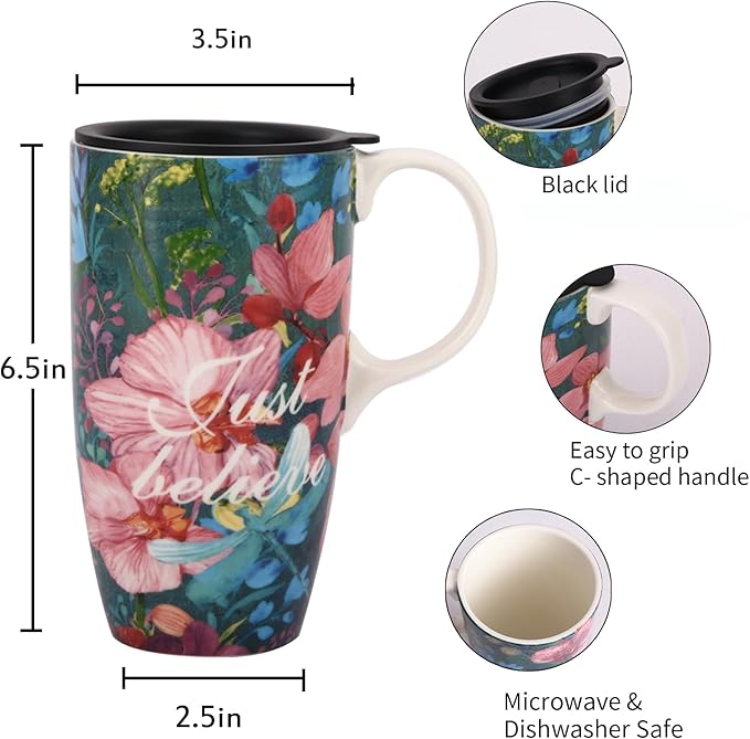 DUSVALLY 17oz Ceramic Coffee Mug with Lid – Splash-Resistant Mug with Handle, Large Coffee Mugs,Just Believe Flowers Tea Cup Set, Cute Coffee Mugs, Microwave Safe Ceramic Mug