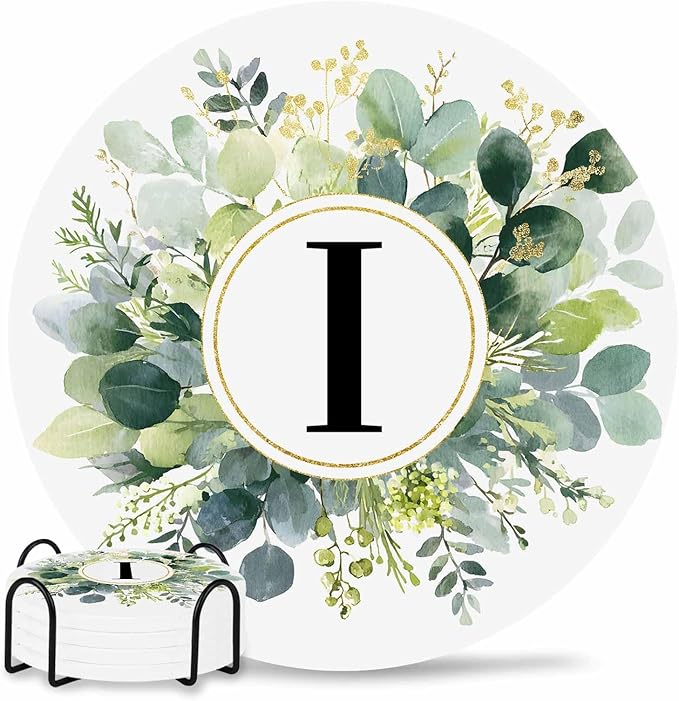 Coasters Set of 4 Letter I Drink Coasters with Holder Absorbent Stone Ceramic Cup Mat Alphabet Green Eucalyptus Leaves Coaster for Drinks Coffee Bar Office Kitchen Cafe Home Decor